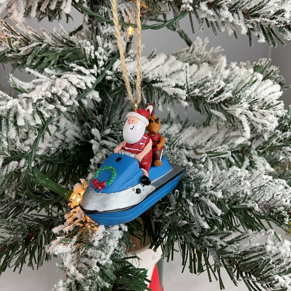 Christmas Ornament- Santa With Reindeer On Blue Jet Ski. -Cape Shore